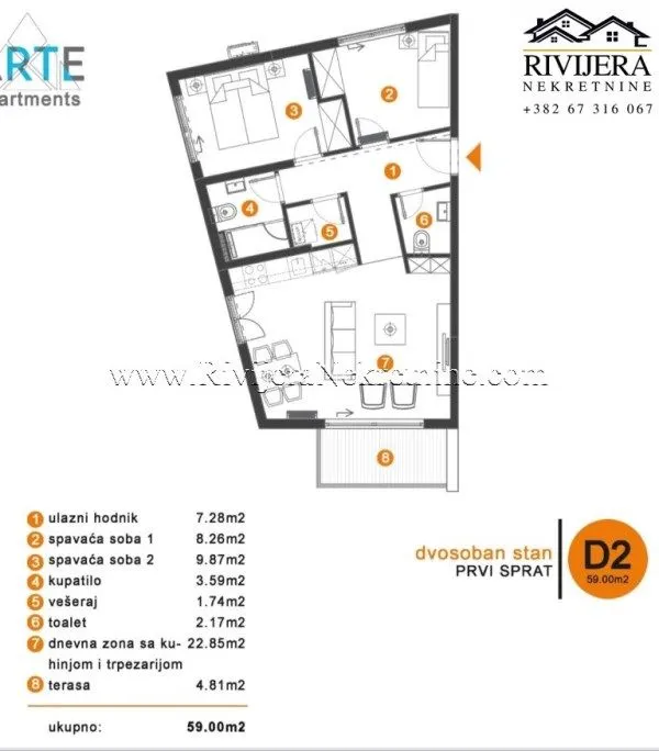 Sale, two bedroom apartment, 59m², Tivat, Crna Gora