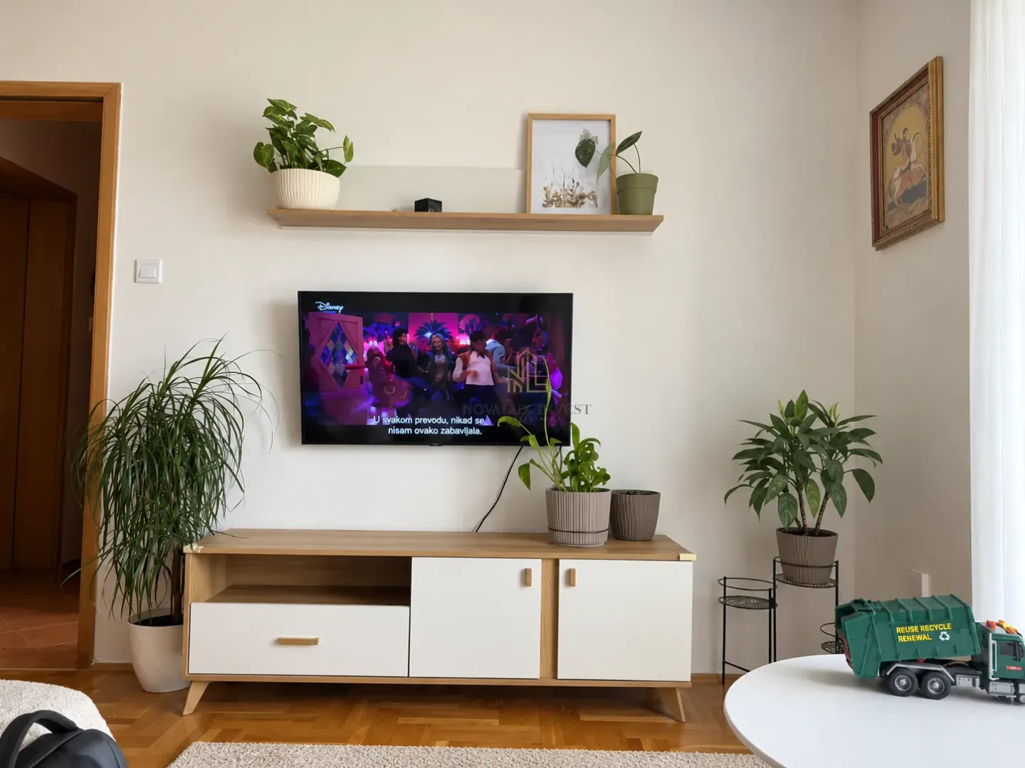 Living room with a TV, media console, and houseplants.