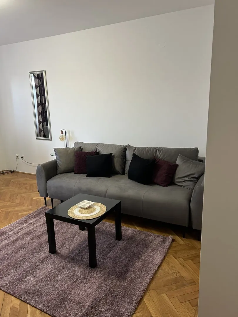 Dnevna soba sa sivim kaučem, crnim klub stolom i parketom.