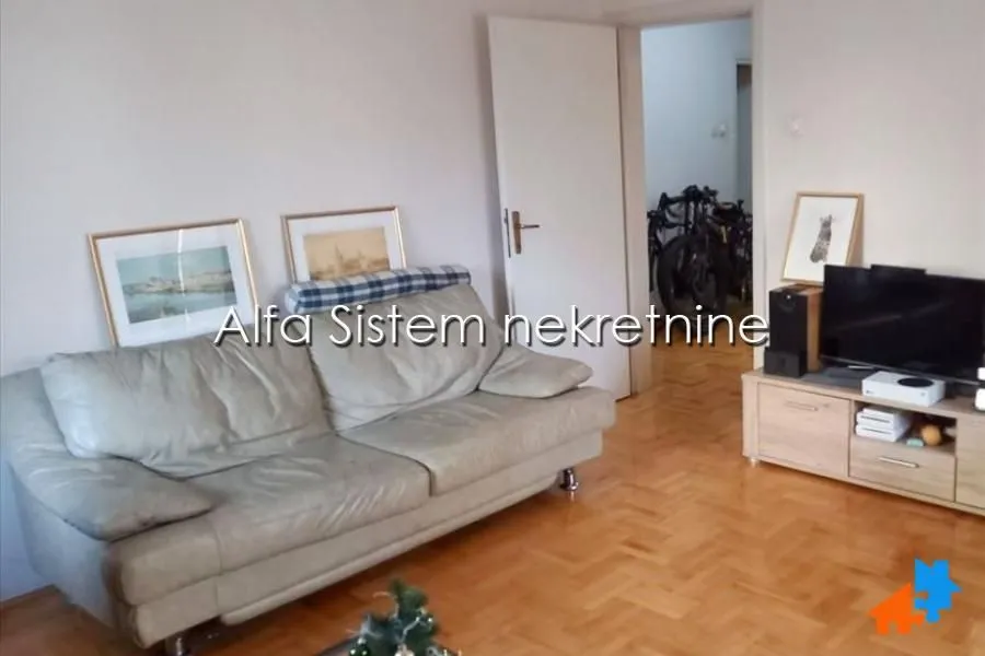 Dnevna soba sa kožnom garniturom, televizorom i parketom na podu.