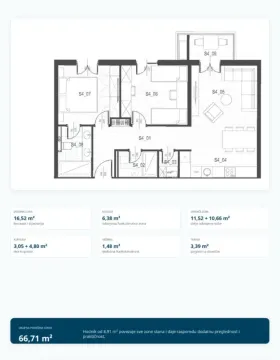 Arhitektonski plan stana sa rasporedom prostorija i površinama. - image 2