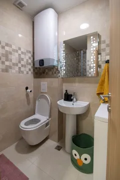 A modern bathroom with a sink, toilet, and water heater. - image 10