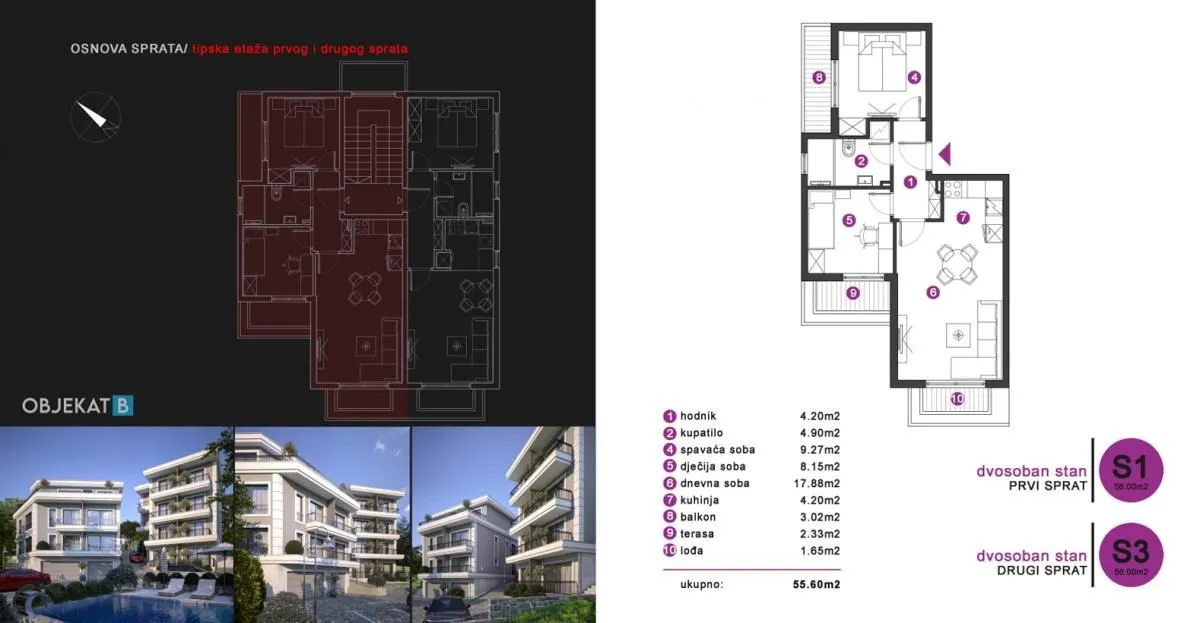 Prodaja, dvosoban stan, 56m², Tivat, Crna Gora