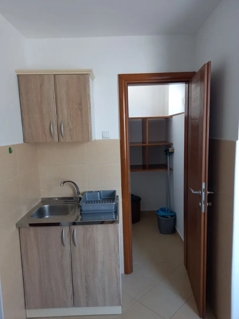 Small kitchen area with a sink and an open pantry next to it.