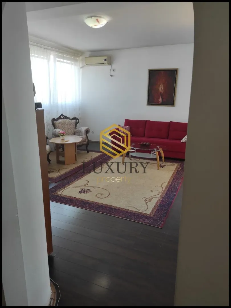Living room with a red sofa and a carpet.