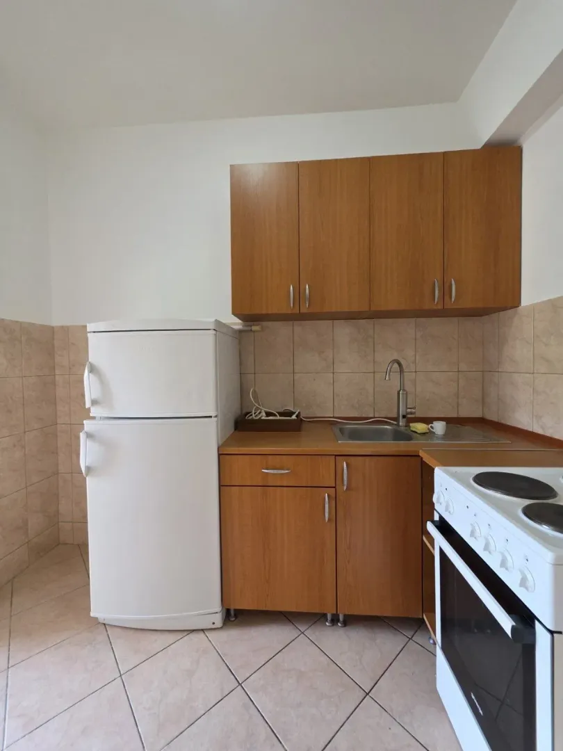 Small kitchen with wooden cabinets, refrigerator, and stove.