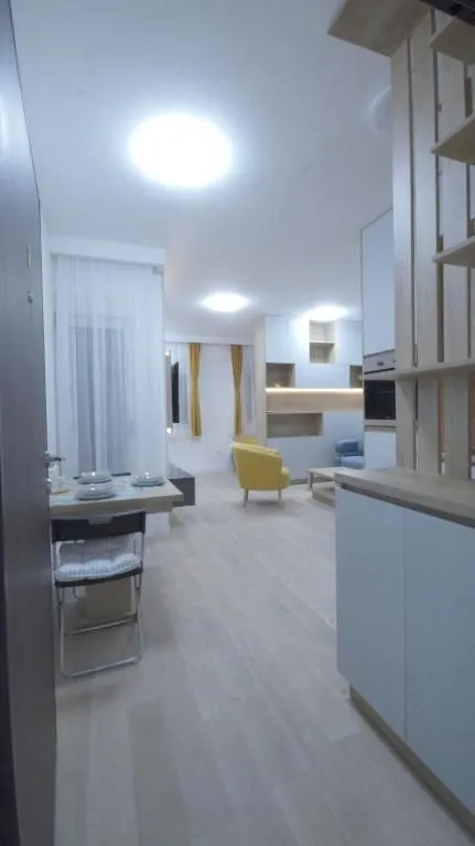 View of the living room and dining area with furniture and a wooden partition element.