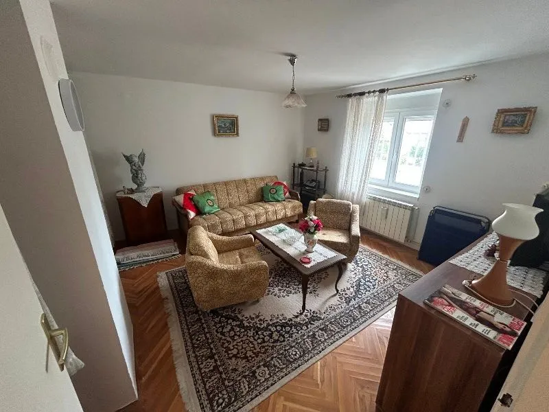 Living room with seating furniture, rug, and window.