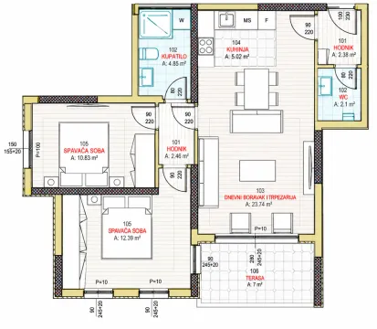 Arhitektonski plan stana sa rasporedom prostorija i namještajem. - image 2