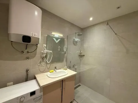 Modernly equipped bathroom with a walk-in shower, washbasin, water heater, and washing machine. - image 7