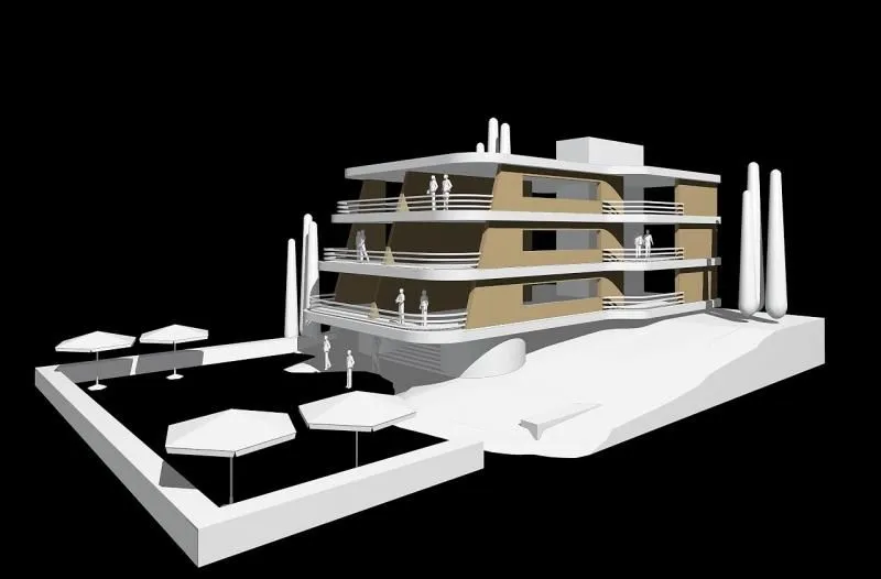 3D prikaz višestambene zgrade sa terasama i uređenim dvorištem.