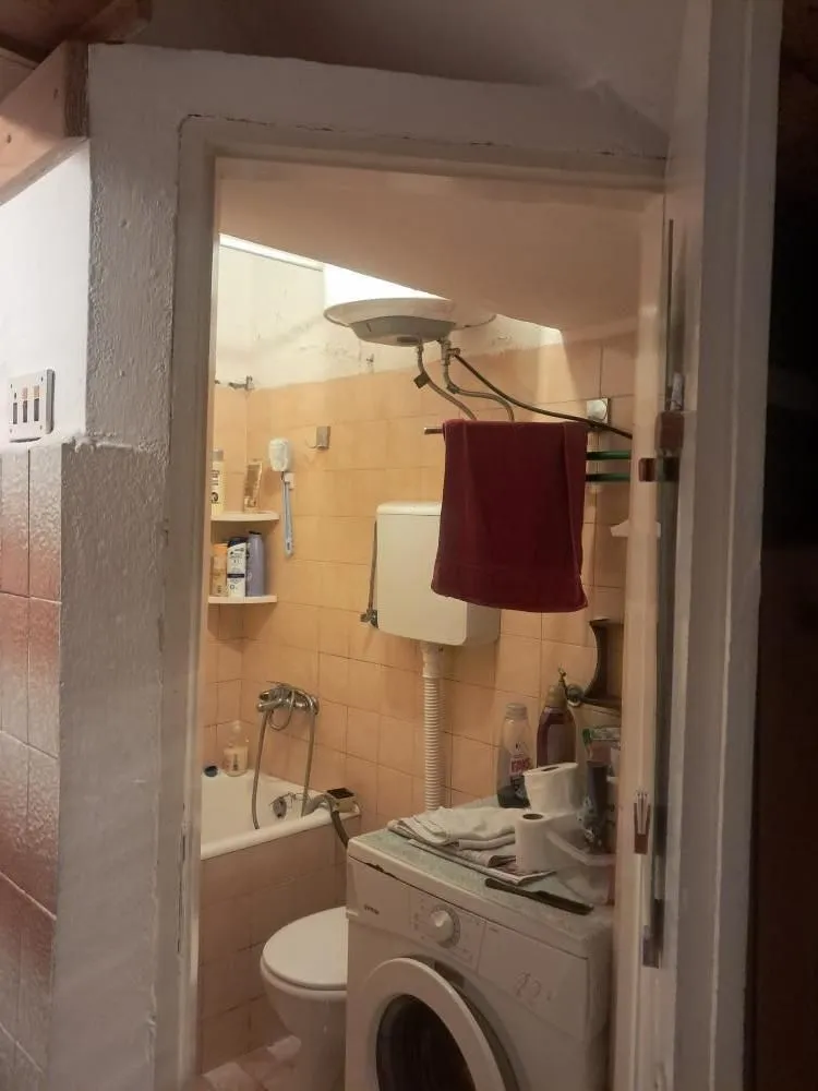 View from the doorway of an older bathroom with a bathtub and a washing machine.