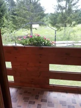 Pogled sa balkona sa drvenom ogradom i cvijećem prema dvorištu. - image 23