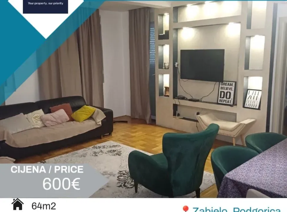 Izdavanje, dvosoban stan, 64m², Zabjelo, Podgorica