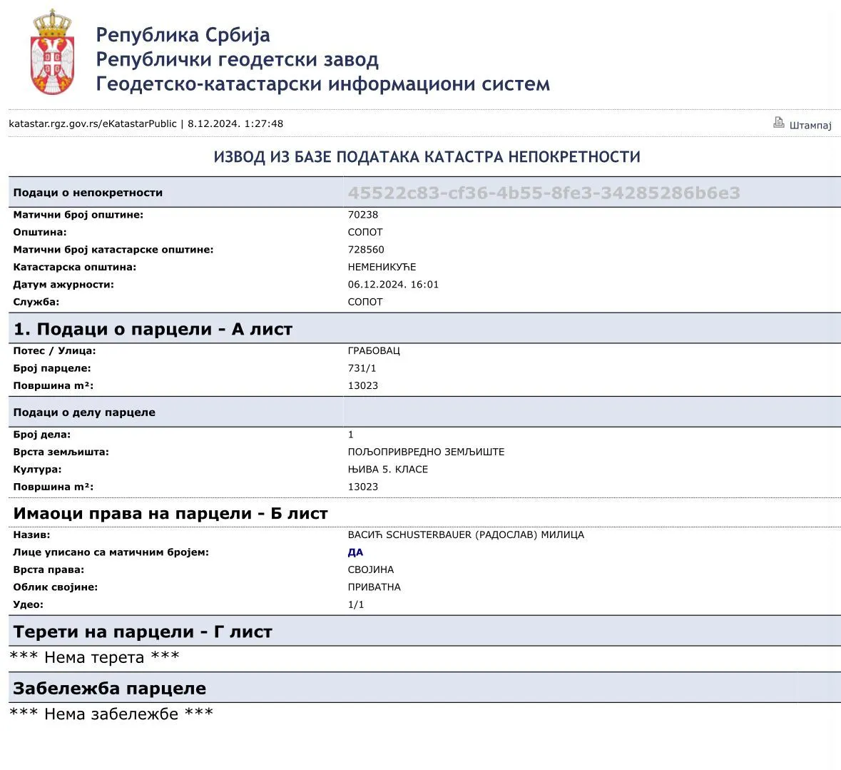 Izvod iz baze podataka katastra nepokretnosti sa podacima o parceli.