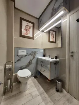 Moderno opremljeno kupatilo sa umivaonikom, WC šoljom i ogledalom sa rasvjetom. - image 20