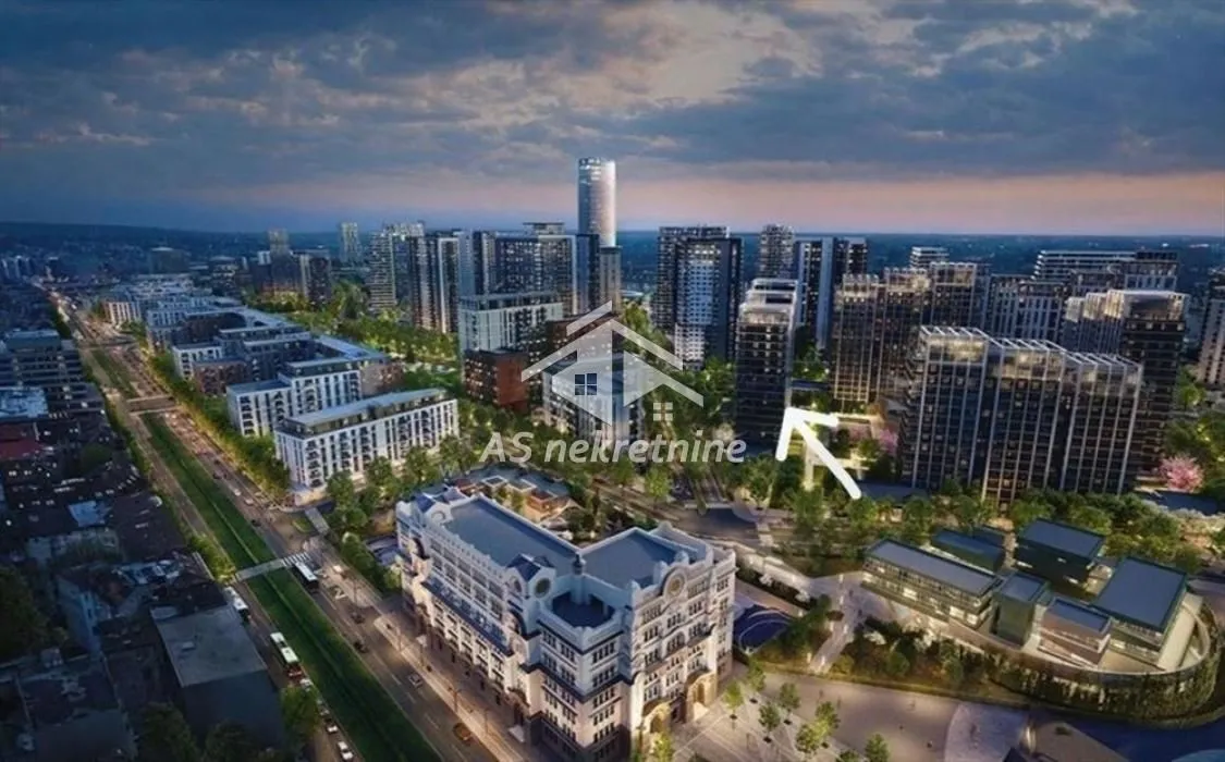 Pogled iz vazduha na urbani deo grada sa modernim stambenim i poslovnim zgradama.