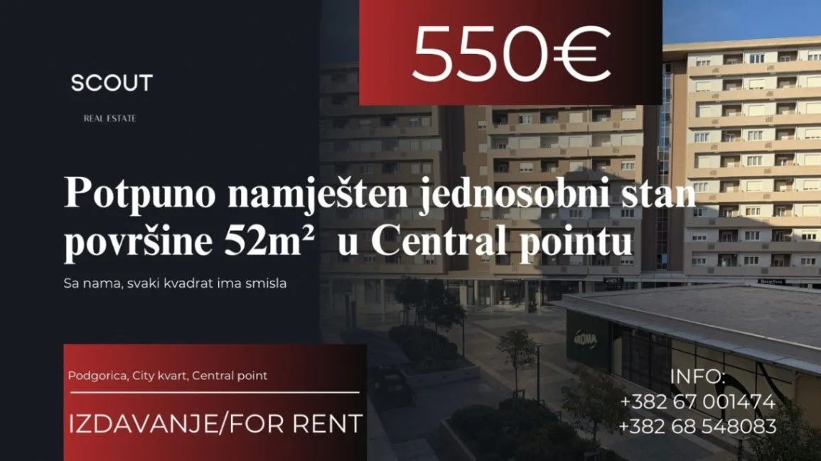 Izdavanje, jednosoban stan, 45m², Zabjelo, Podgorica