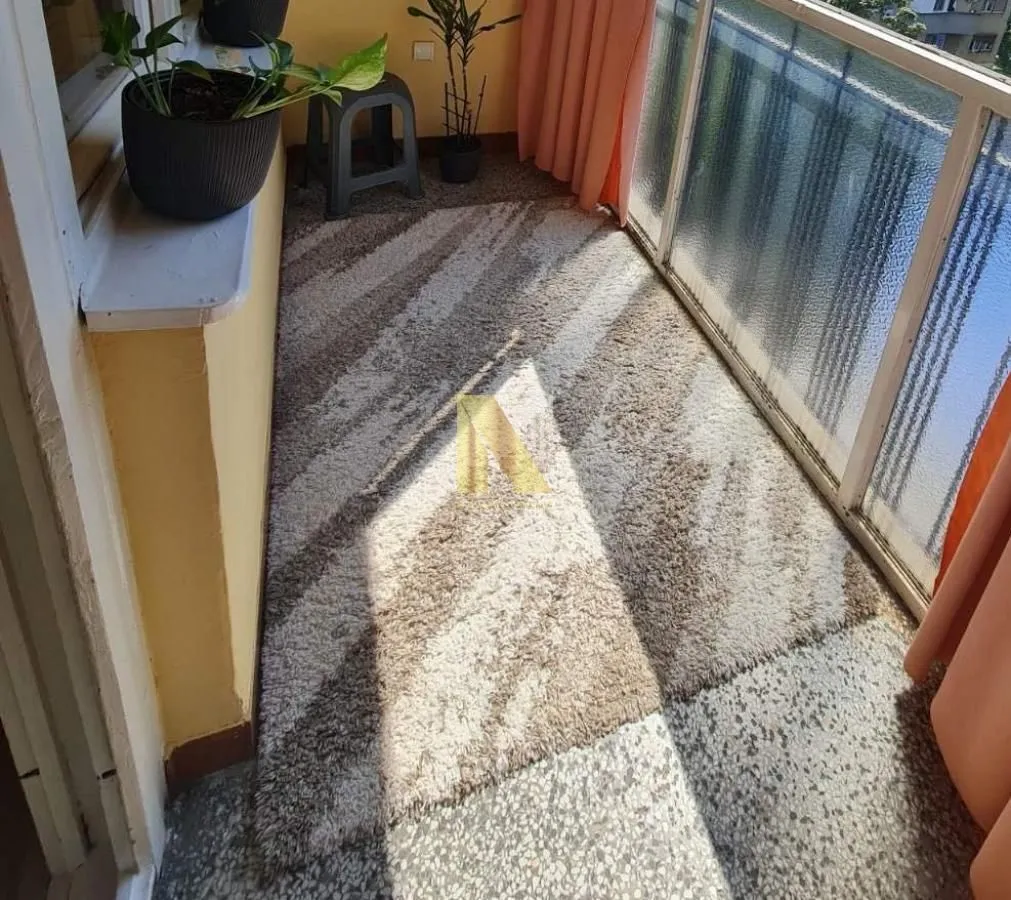 Zastakljeni balkon sa tepihom i saksijama sa cvećem.