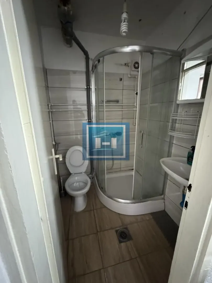 Small bathroom with a shower cabin, toilet, and washbasin.