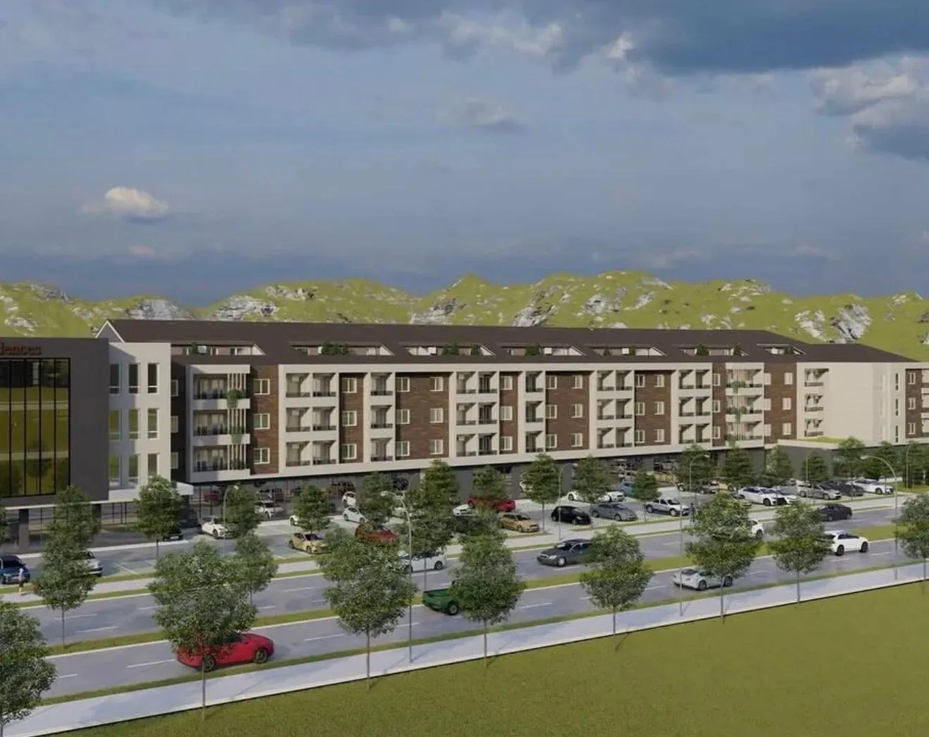 Exterior view of the residential building with parking and green areas.