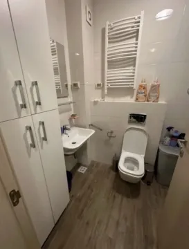 Small bathroom with white sanitary ware and built-in cabinet. - image 8