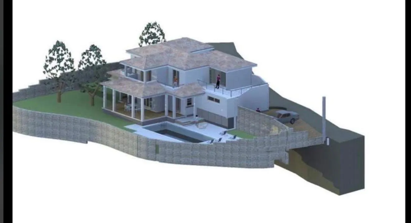 3D render dvospratne kuće sa bazenom i dvorištem.