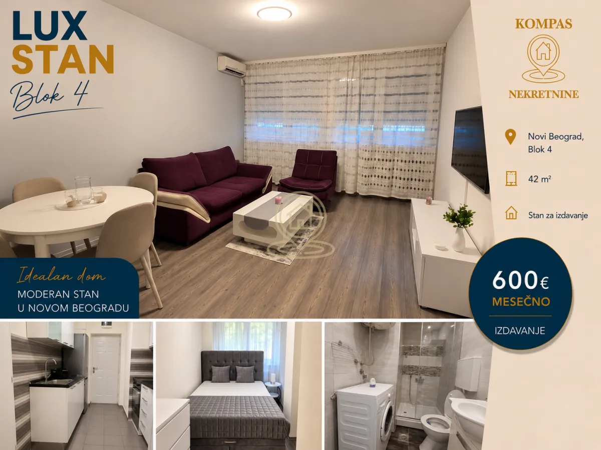 Rent, two bedroom apartment, 42m², Novi Beograd Blok 4, Novi Beograd Sve Podlokacije
