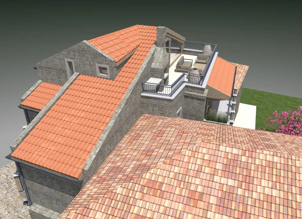 3D prikaz krova i terase kamene kuće sa krovnim pokrivačem od crijepa.