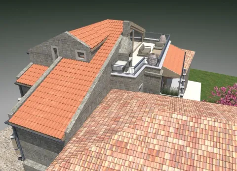 3D prikaz krova i terase kamene kuće sa krovnim pokrivačem od crijepa. - image 18
