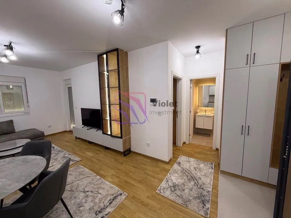 Living room with dining area, TV unit, and built-in wardrobe in the hallway.