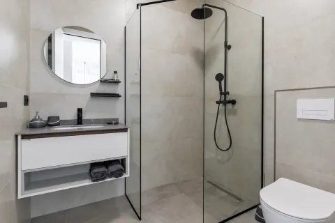 Modern bathroom equipped with a walk-in shower, washbasin, and wall-mounted toilet. - image 14