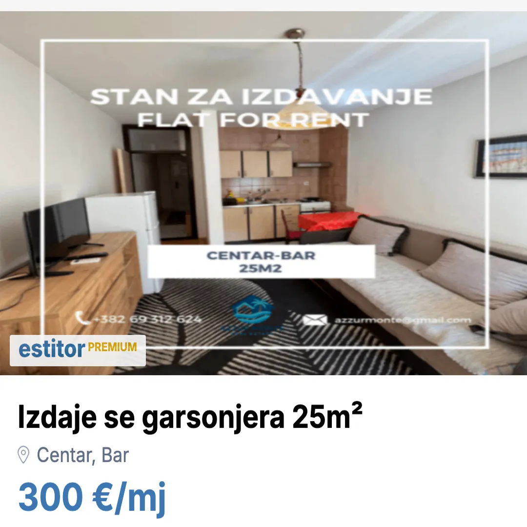 Izdavanje, garsonjera, 25m², Centar, Bar