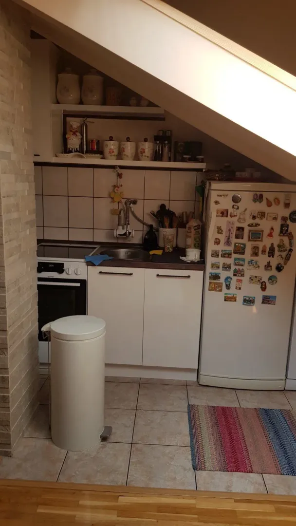 Mala kuhinja u potkrovlju sa bijelim kuhinjskim elementima i frižiderom.