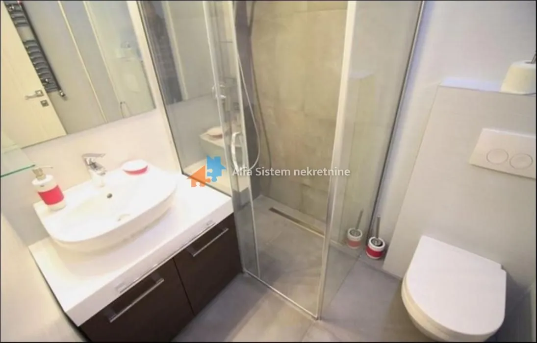 Modern bathroom with a walk-in shower, washbasin, and toilet.