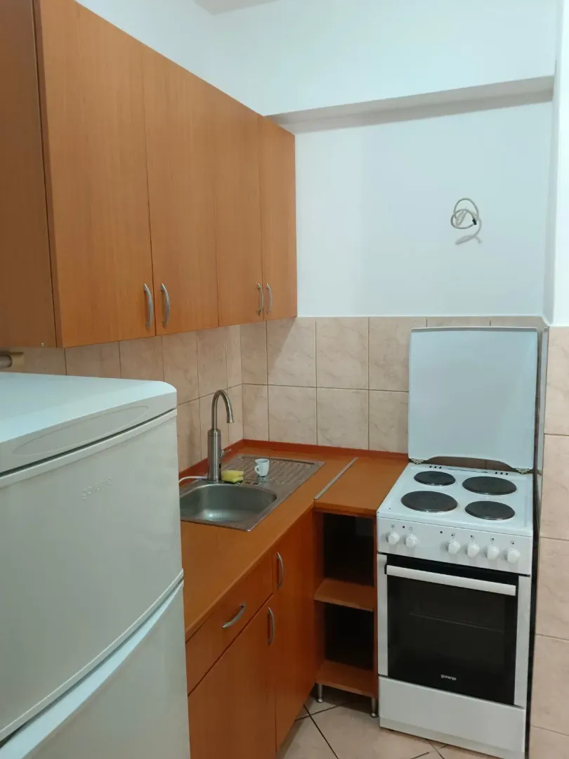 Small kitchen with wooden cabinets, a stove, and a refrigerator.
