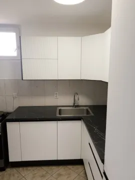 Manja kuhinja sa bijelim elementima i tamnom radnom pločom. - image 4