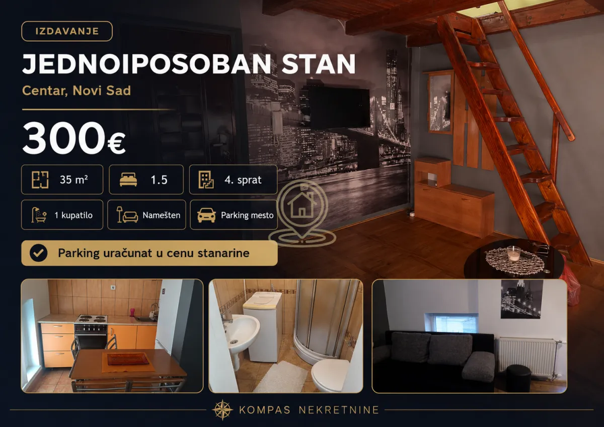 Izdavanje, jednosoban stan, 35m², Centar, Novi Sad