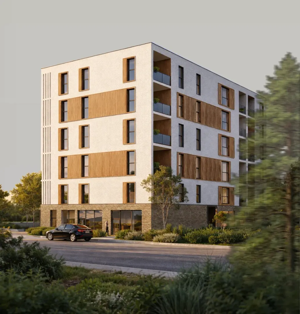 Spoljašnji izgled moderne stambene zgrade sa uređenom okolinom.