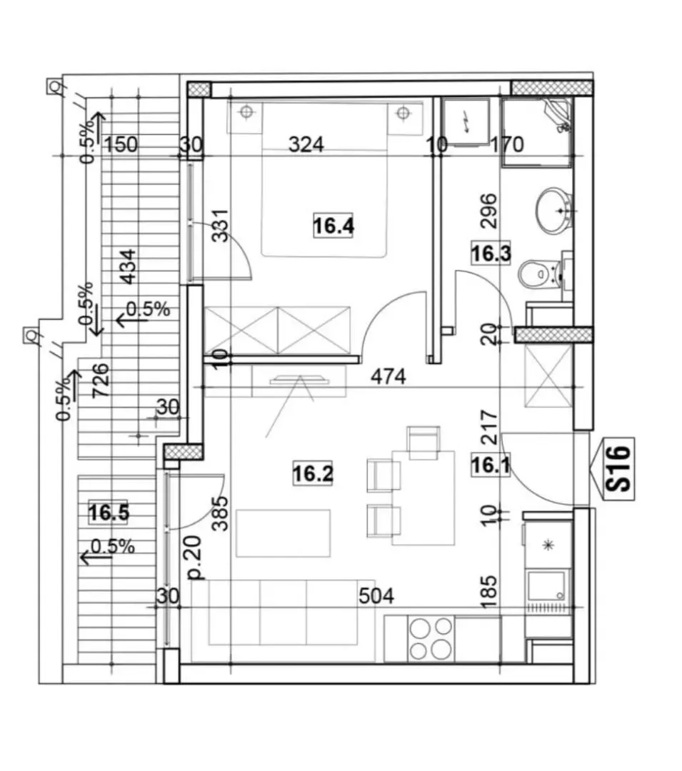 Arhitektonski plan stana sa rasporedom prostorija i dimenzijama.