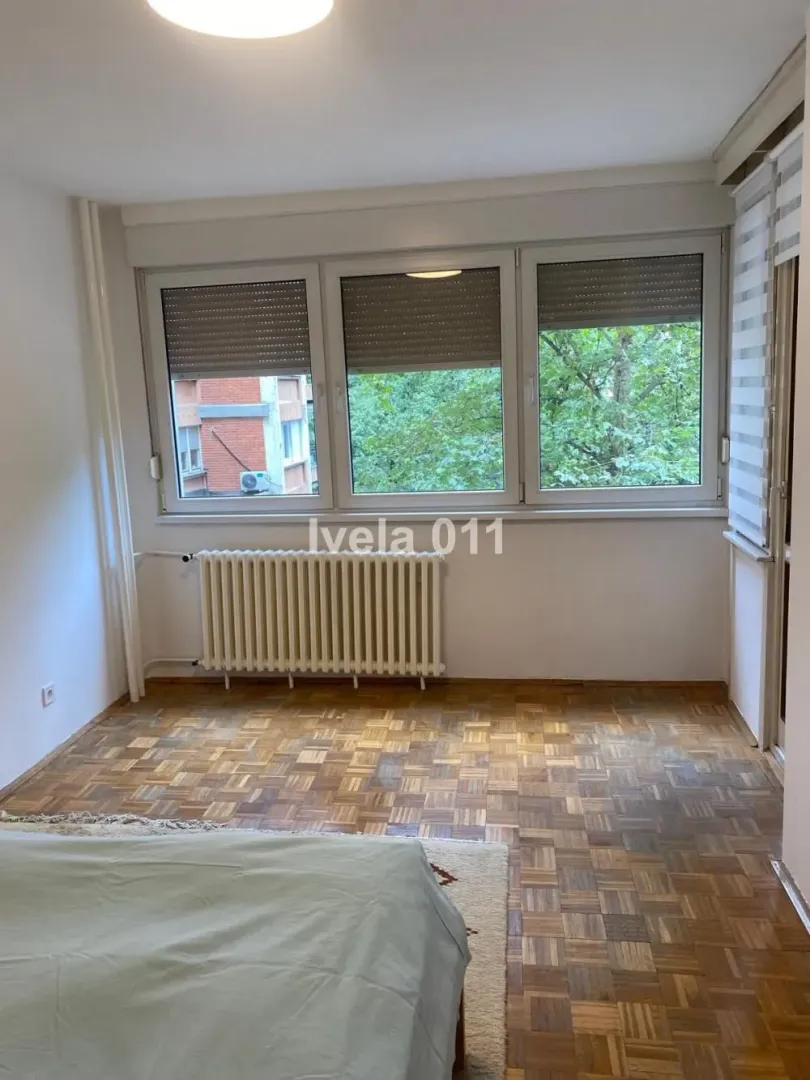 Prazna soba sa parketom i velikim prozorima.