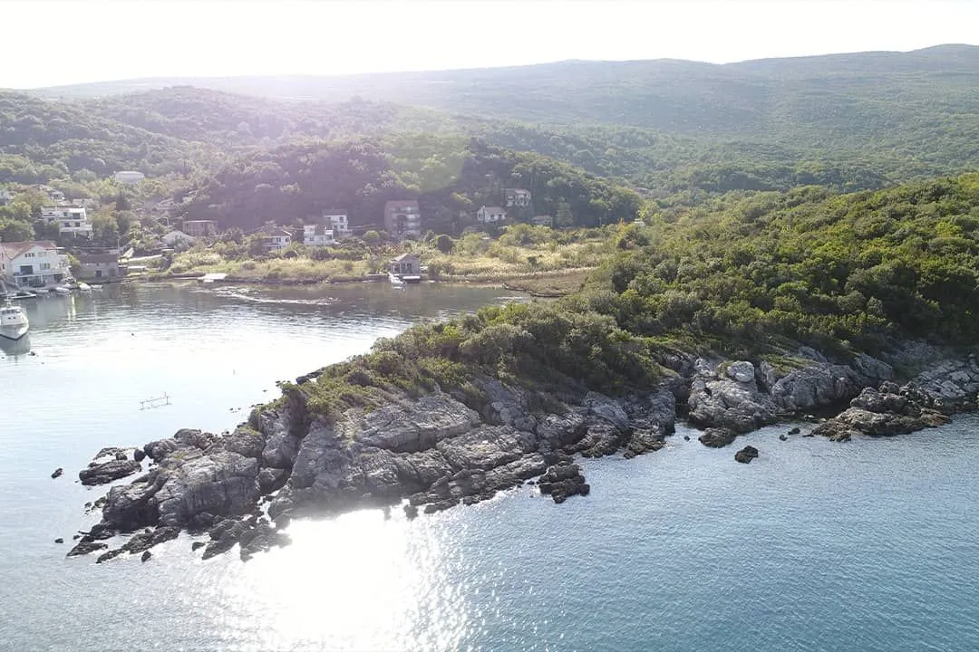 Pogled iz vazduha na obalu sa zelenilom i uvalom.