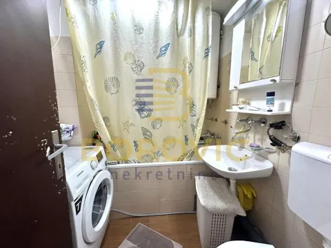 Kupatilo opremljeno sanitarijama, tuš kabinom sa zavesom i veš mašinom. - image 8