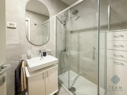 Modern bathroom with a shower cabin, washbasin, and mirror. - image 9