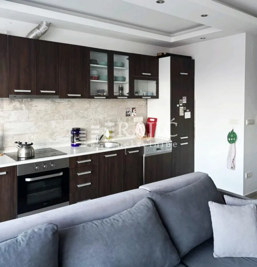 Modern kitchen connected to the living room in a bright interior.