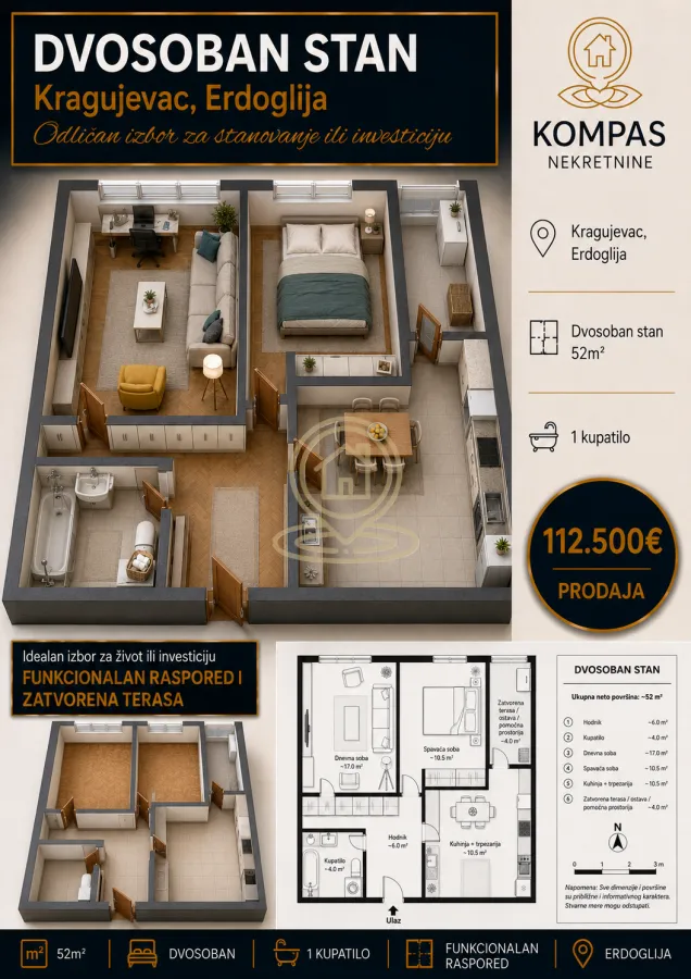 Sale, two bedroom apartment, 52m², Erdoglija, Kragujevac