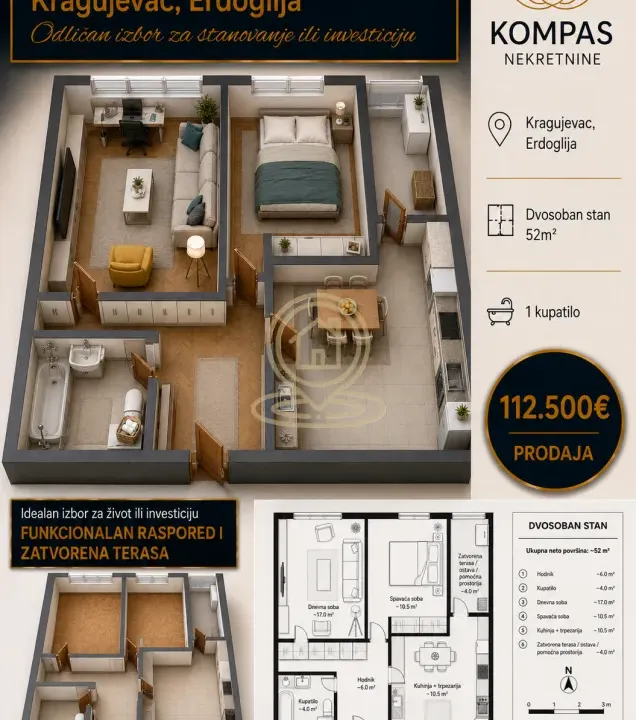 Sale, two bedroom apartment, 52m², Erdoglija, Kragujevac