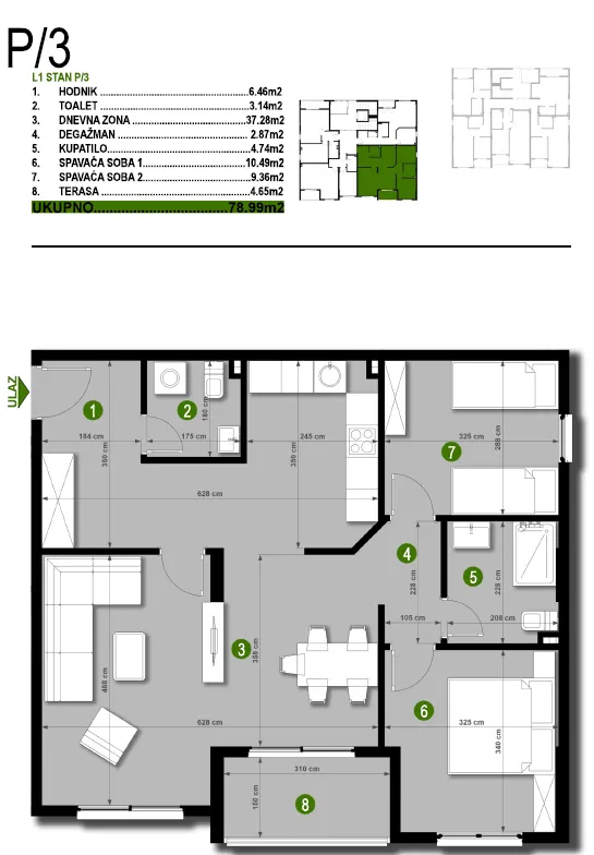 Sale, two bedroom apartment, 79m², Čeluga, Bar