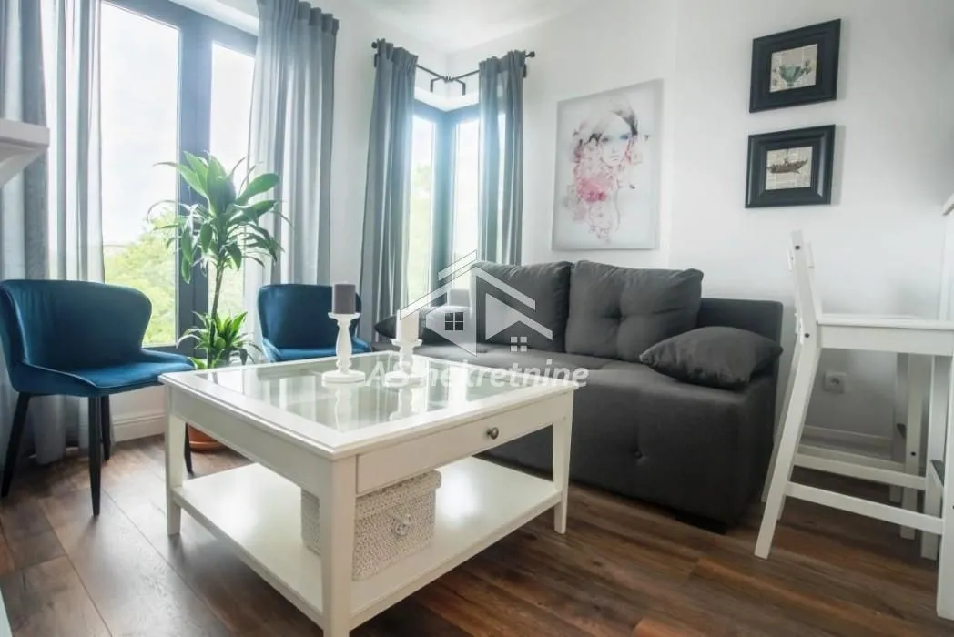 Living room furnished with a dark sofa, a white coffee table, and blue armchairs.