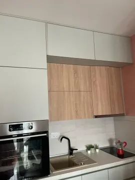 Moderna kuhinja sa ugradnom rernom i elementima u kombinaciji drveta i svijetle boje. - image 8